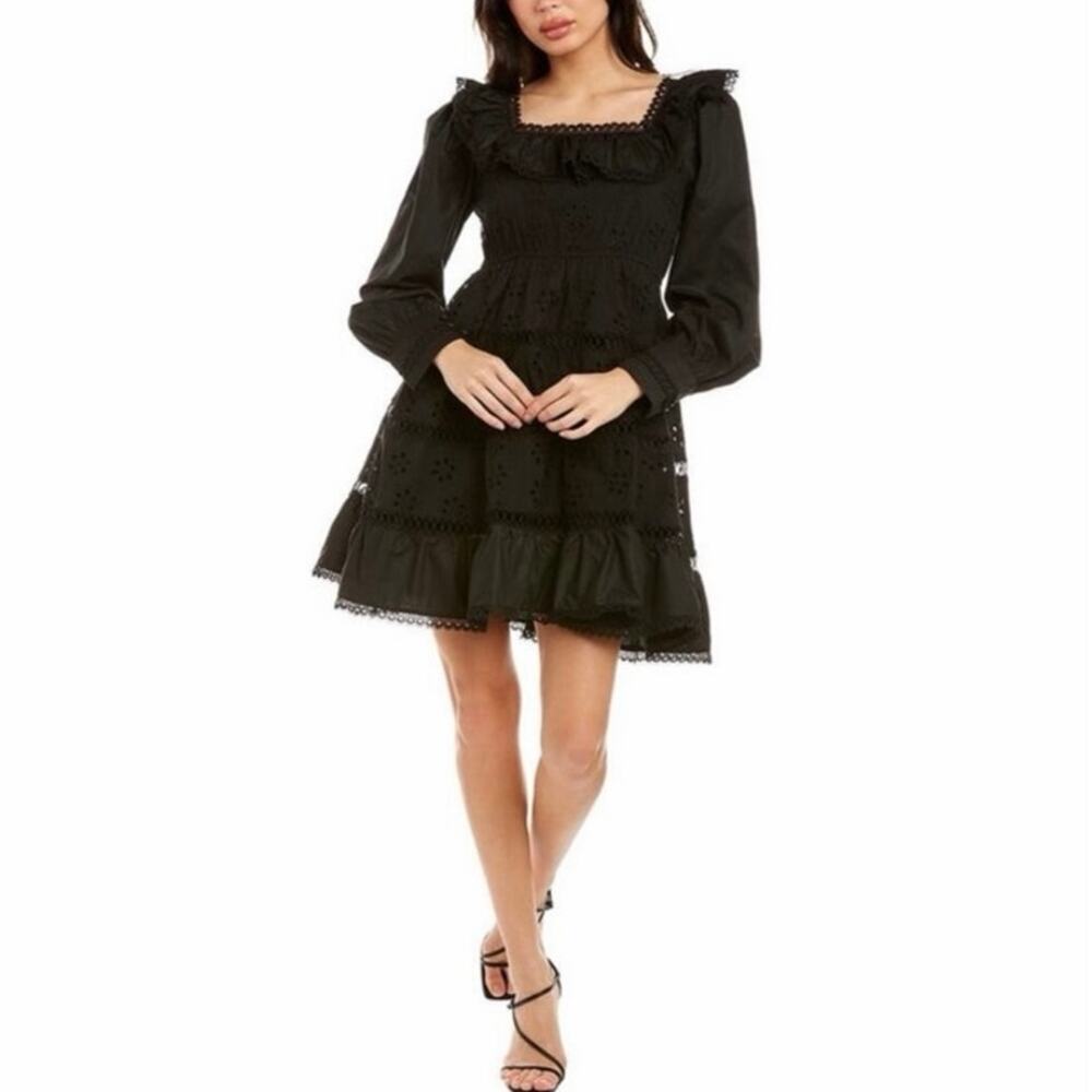 NWOT Beulah Black Eyelet Ruffle Mini Dress Cottagecore Long Sleeve Size Small